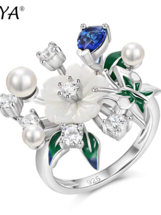 Купить LAYA Cluster Ring For Women 925 Sterling Silver Fashion Natural Shell Flower Green Leaf Enamel High Quality Zircon Wedding Jewelry 2022 Trend