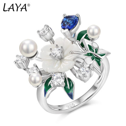 Купить LAYA Cluster Ring For Women 925 Sterling Silver Fashion Natural Shell Flower Green Leaf Enamel High Quality Zircon Wedding Jewelry 2022 Trend