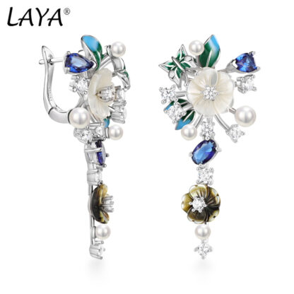 Купить LAYA Dangle Earrings For Women 925 Sterling Silver Fashion Natural Shell Flower Green Leaf Enamel High Quality Zircon Wedding Jewelry 2022 Trend