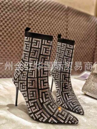 Купить Boots Women's shoes 21 autumn and winter catwalk style pointed full diamond knitted short boots sleeve fashion thin high heels
