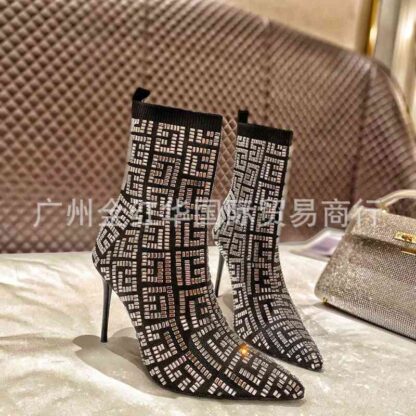 Купить Boots Women's shoes 21 autumn and winter catwalk style pointed full diamond knitted short boots sleeve fashion thin high heels