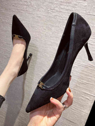 Купить Slippers Black high heels women's spring and autumn soft leather non grinding French small pointed thin shallow mouth single shoes U01C