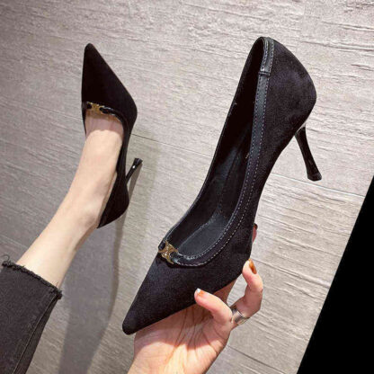 Купить Slippers Black high heels women's spring and autumn soft leather non grinding French small pointed thin shallow mouth single shoes U01C