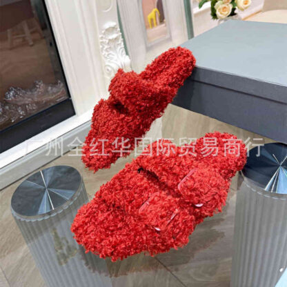 Купить Slippers High end wool shoes are fashionable to wear outside in autumn and winter. flat bottom net red curly lamb Doudou home