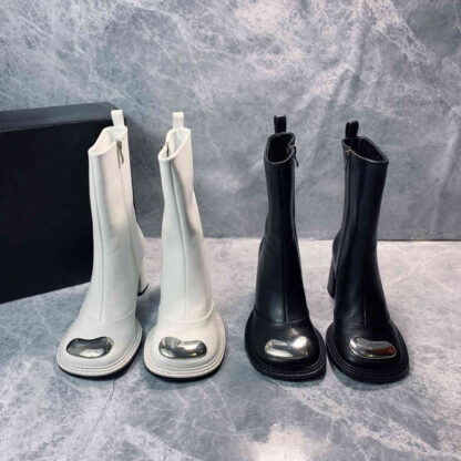 Купить Boots high-end autumn and winter cowhide round head side zipper thick high flat bottom fashionable commuting boots