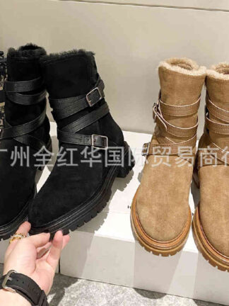 Купить Boots High end autumn and winter buckle fur snow boots Martin women's British wind tube top layer cowhide cotton