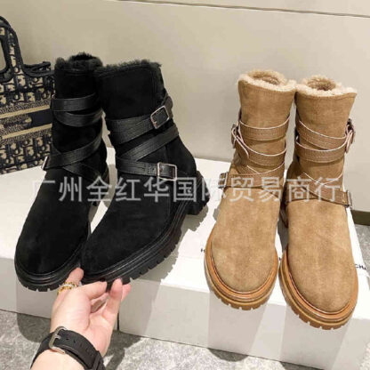 Купить Boots High end autumn and winter buckle fur snow boots Martin women's British wind tube top layer cowhide cotton