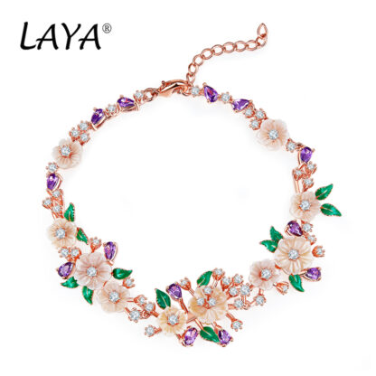 Купить LAYA Wedding Bracelet For Women 925 Sterling Silver Fashion Natural Shell Flower Green Leaf Enamel Shining Zircon Original Modern Jewelry