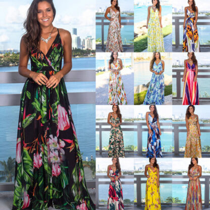 Купить Floral Maxi Dresses for Women Summer 2022 Green V Neck Sleeveless Casual Halter Sundresse Party Beach Flower Long Dress