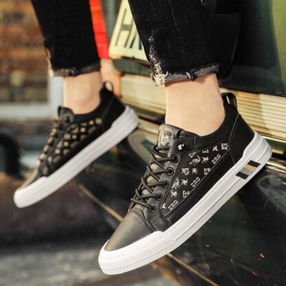 Купить Sneakers Men Shoes PU Leather Color-blocking Lace-Up Print Decoration on Both Sides Classic Trend Round Toe Versatile Comfortable Casual Shoes HM299