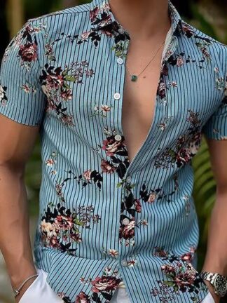 Купить mens striped shirts casual camisa blusa plus size lujo clothing 3xl top flower Blouse Pattern summer hawaii short Sleeve high quality Button Blouse Homme Clothes