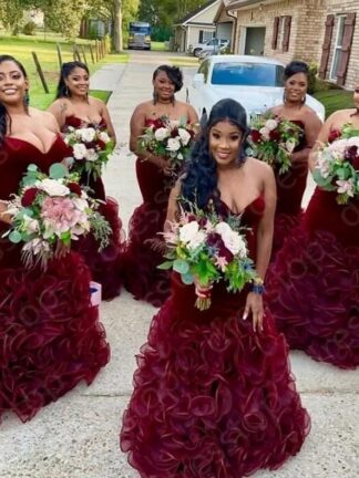 Купить 2022 Plus Size Burgundy Velvet Mermaid Bridesmaid Dresses Sweetheart Backless Tiered Ruffle Party Wedding Guest Gowns Maid Of Honor Dress BC9957 C0417W