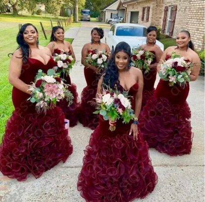 Купить 2022 Plus Size Burgundy Velvet Mermaid Bridesmaid Dresses Sweetheart Backless Tiered Ruffle Party Wedding Guest Gowns Maid Of Honor Dress BC9957 C0417W