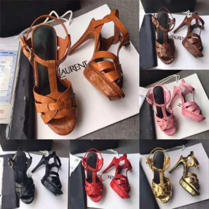 Купить Italy Designer luxury Tribute sandals summer Shoes 100mm High heels Sexy women's shoes Stone grain cowhide gold-tone hardware sandal branded LOGO LettersSL AAA+