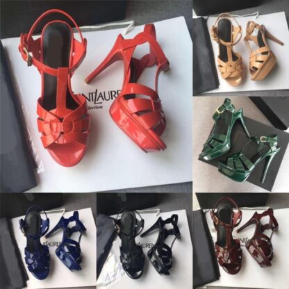 Купить Italy Designer luxury Tribute sandals summer Shoes 100mm High heels Sexy women's shoes Patent leather cowhide gold-tone hardware sandal branded LOGO LettersSL A1688