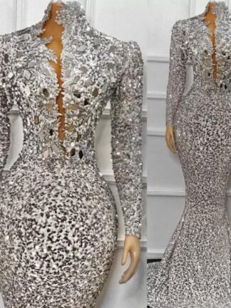 Купить 2022 Sparkly Sequined Silver Mermaid Prom Dresses Elegant High Neck African Plus Size Evening Gowns Girls Special Occasion Dress