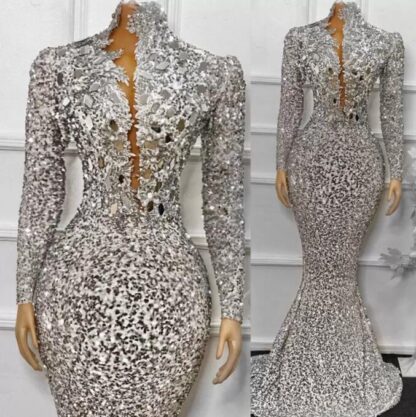 Купить 2022 Sparkly Sequined Silver Mermaid Prom Dresses Elegant High Neck African Plus Size Evening Gowns Girls Special Occasion Dress