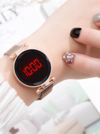 Купить Fashion Magnetic Ladies Watch Rose Gold Stainless Steel Mesh Strap Ladies LED Electronic Watch Minimalist Women Clock Fashion Accessories