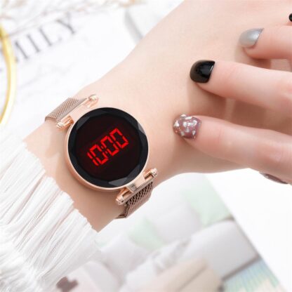 Купить Fashion Magnetic Ladies Watch Rose Gold Stainless Steel Mesh Strap Ladies LED Electronic Watch Minimalist Women Clock Fashion Accessories