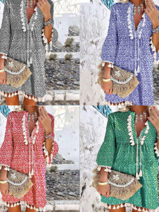 Купить 2022 Spring Vintage V Neck Tassel Party Dress Women Elegant Floral Print 3/4 Sleeve Mini Dress Ladies Summer Casual Beach