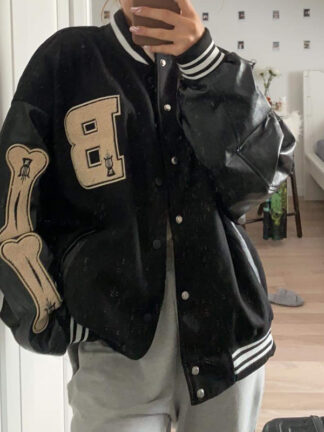 Купить Varsity Baseball Bomber Jacket Women Hip Hop Harajuku Bone Letter Patchwork Leather Jackets Streetwear Men Unisex College Coats