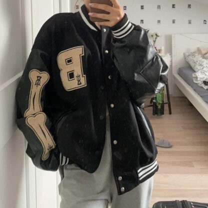 Купить Varsity Baseball Bomber Jacket Women Hip Hop Harajuku Bone Letter Patchwork Leather Jackets Streetwear Men Unisex College Coats