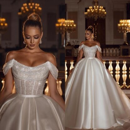 Купить 2022 Sparkly Off-the-Shoulder Sequins A-line Wedding Bridal Dress with Detachable Sweep Train BC12054 C0404