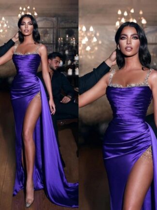 Купить Sexy Purple Long Glitter Sleeveless Slit Mermaid Prom Dresses 2022 Spaghetti Straps Mermaid Evening Gowns C0404