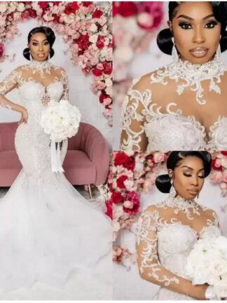 Купить 2022 Summber Mermaid Wedding Dresses Long Sleeves Bridal Gown Beaded Crystals High Neck Lace Applique Sweep Train Custom Made African Plus Size Vestido De Novia
