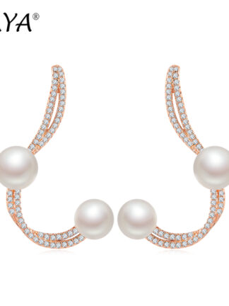 Купить LAYA Natural Freshwater Bread Beads Pearl Stud Earrings 925 Sterling Silver Shining Zircon Irregular Lines Design Fashion Charm Jewelry For Women Wedding Party