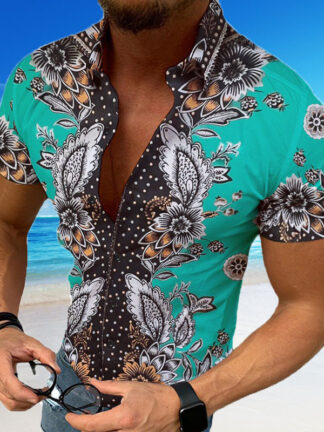 Купить Mens Casual Shirts Summer Print Dress Shirt Short Sleeve Tops Slim Fit Outwear Men Clothing Loose Button Down Plus Size Blusa Blouse
