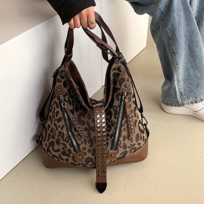 Купить ladies leathers shoulder bags street personality rivet punk backpack this year popular leopard print tote bag elegant atmosphere printed leather handbag