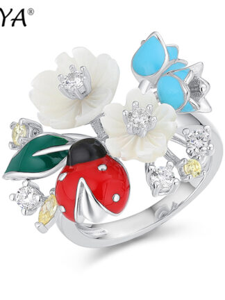 Купить Laya Cluster Ring For women 925 Sterling Silver Fashion Natural Shell Flower Green Leaf Enamel Animal High Quality Zircon Wedding Jewelry 2022 Trend