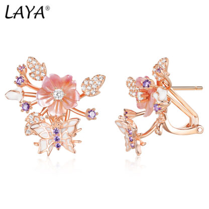 Купить Laya Cilp Earrings For Women High Quality Zircon Natural Shell Flower Butterfly Enamel 925 Sterling Silver Anillos Fashion Jewelry 2022 Trend