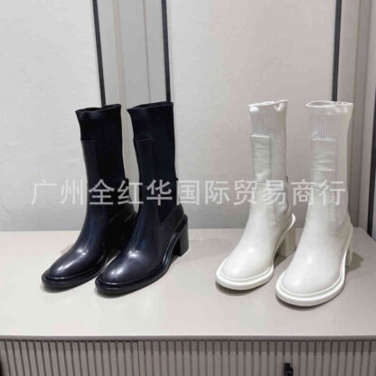 Купить Boots High end quality autumn winter leather thick heel medium boots knitted elastic socks Knight high heels thin short