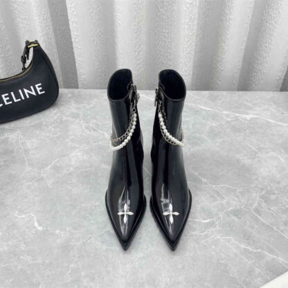 Купить Boots High quality autumn and winter leather thick heel pointed high short boots cross Flower Pearl side zipper Martin fashion