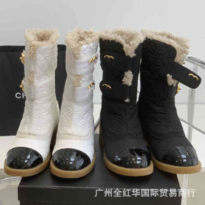 Купить Boots High quality winter small fragrance wind front buckle sheep curly wool medium tube snow boots women's thick heel lamb cotton