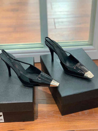 Купить Sandals style back empty single shoes high heels women's sexy metal black square head patent leather thin heel professional ol fashion
