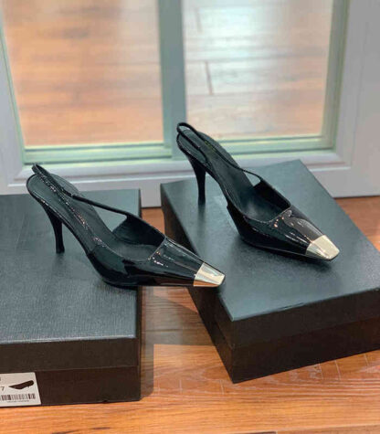 Купить Sandals style back empty single shoes high heels women's sexy metal black square head patent leather thin heel professional ol fashion