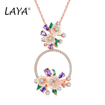 Купить LAYA Pendant Necklace For Women 925 Sterling Silver Fashion Natural Shell Flower Green Leaf Enamel Shining Zircon Wedding Original Jewelry