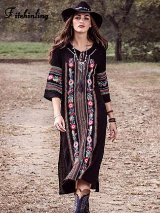 Купить Fitshinling Ethnic Style Embroidery Beach Dress Holiday Vintage Side Split Black Pareos 2022 Bohemian Slim Dresses For Women New