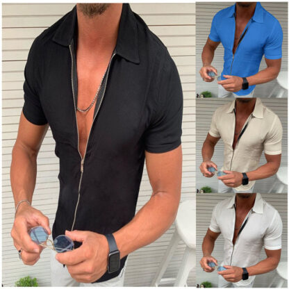 Купить Mens Zipper Closure Casual Shirts Solid Plus size 3XL Chemisier Short Sleeve Summer Hawaiian Camicetta Shirt Loose Fit Print Blusa Pattern Man Clothes Blouse