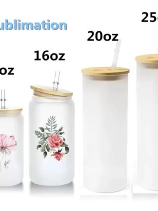 Купить 12oz 16oz 20oz 25oz Sublimation Glass Can Tumbler Clear Frosted Jar with Bamboo Lid Wide Mouth Beer Cup Festival Party Wine Tumblers