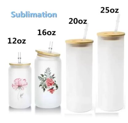 Купить 12oz 16oz 20oz 25oz Sublimation Glass Can Tumbler Clear Frosted Jar with Bamboo Lid Wide Mouth Beer Cup Festival Party Wine Tumblers