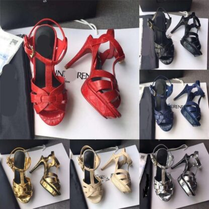 Купить Italy Designer luxury Tribute sandals summer Shoes 100mm High heels Sexy women's shoes Stone grain cowhide gold-tone hardware sandal branded LOGO LettersSL AAA+ D1588