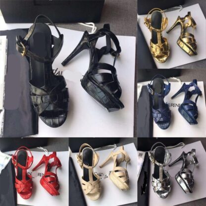 Купить Italy Designer luxury Tribute sandals summer Shoes 100mm High heels Sexy women's shoes Stone grain cowhide gold-tone hardware sandal branded LOGO LettersSL AAAD1588