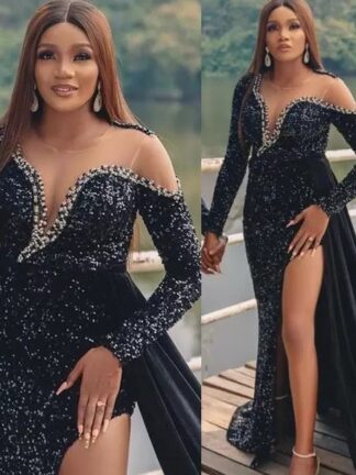 Купить 2022 Sexy Sparkly Black Sequins Prom Dresses Illusion Side Split Keyhole Mermaid Formal Party Dress Evening Gowns African Aso Ebi Sequins Crystal Beads Long Sleeves