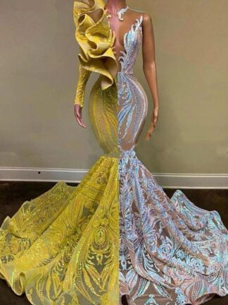 Купить 2022 Sleeveless Yellow/Silver Long Prom Dresses Sexy V-neck Crystals Cutaway Sides Elegant African Mermaid Plus Size Evening Gowns BC13087