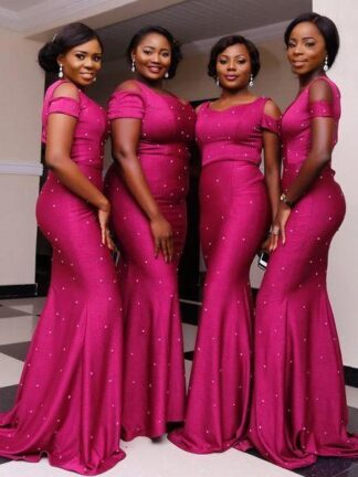 Купить 2019 Fuchsia Plus Size Bridesmaid Dresses Long Off Shoulder Bead Mermaid Evening Wear Nigeria African Wedding Guest Bridesmaids Dress BA9555