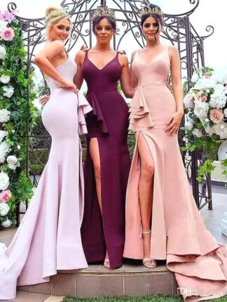 Купить V Neck Satin Mermaid Long Bridesmaid Dresses Ruched Split Backless Prom Party Gowns Formal Evening Wedding Guest Dresses